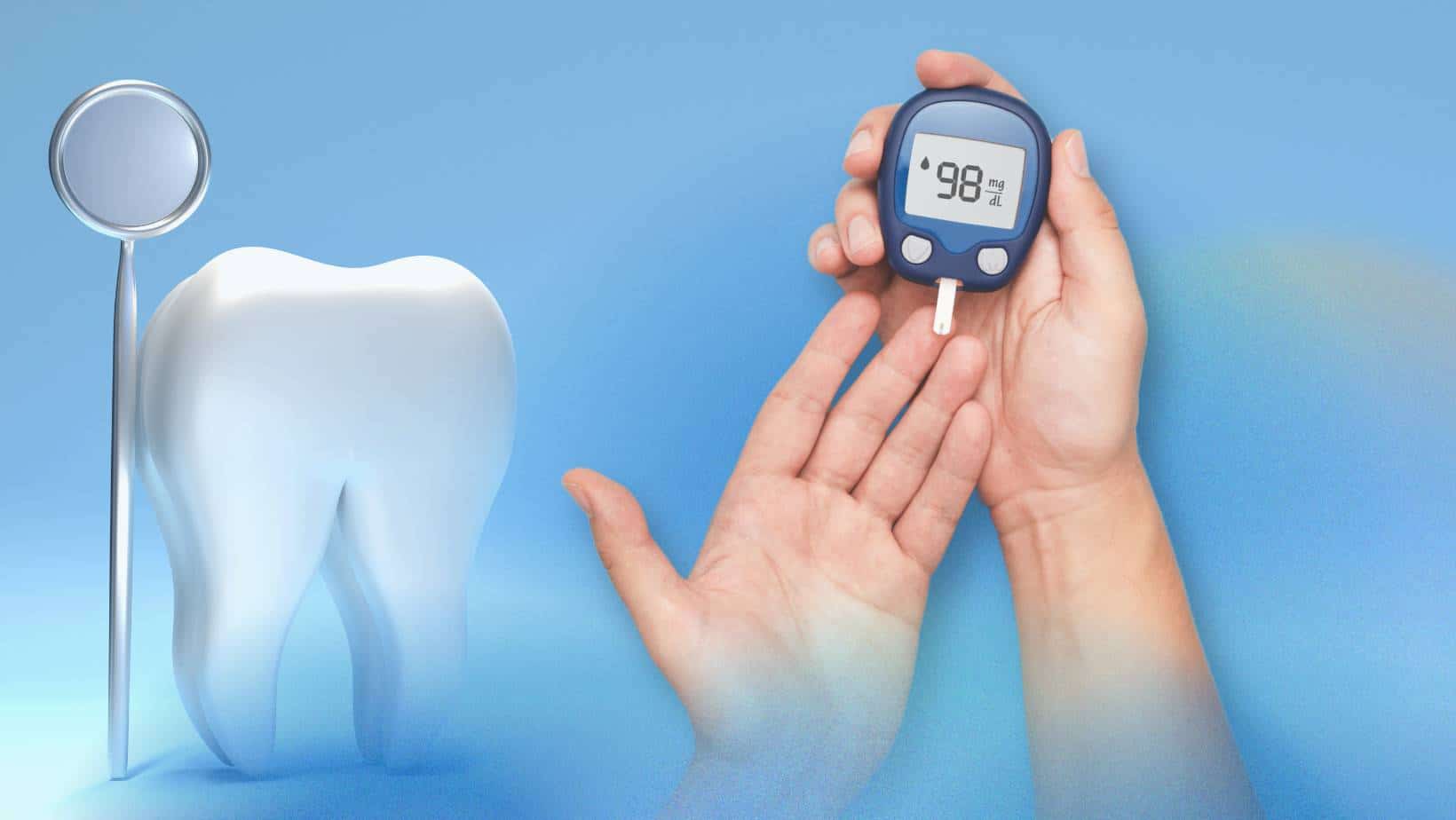 A person having their blood sugar checked, symbolizing diabetes care, alongside a model tooth representing dental health and dental implants.